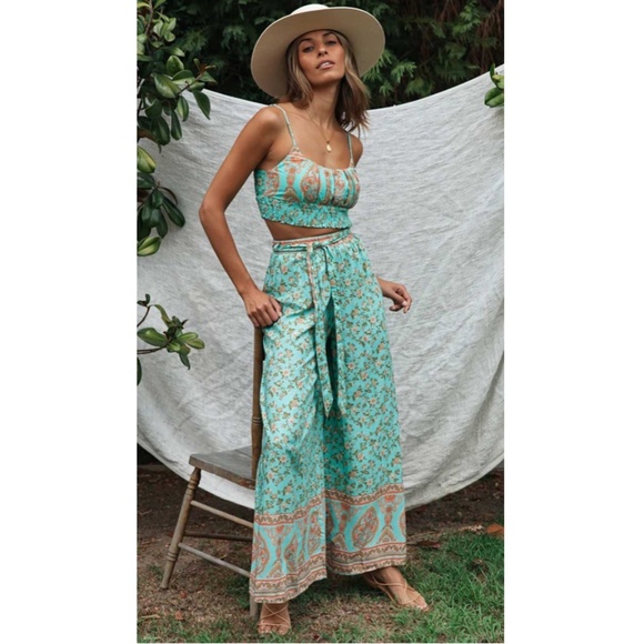 Mint boho gypsy cami crop top wide leg Pant Set - Picture 2 of 6